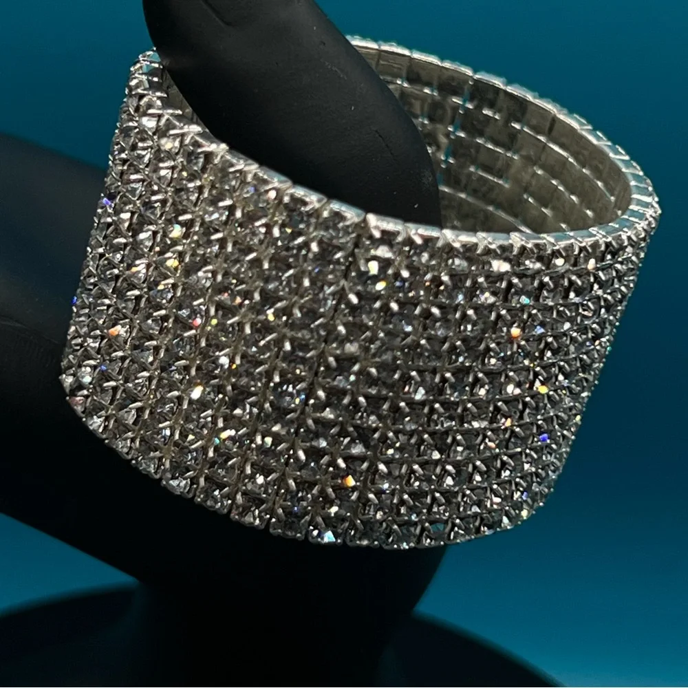 Sparkling Silver Crystal Wide Stretch Bracelet - Picture 1 of 1